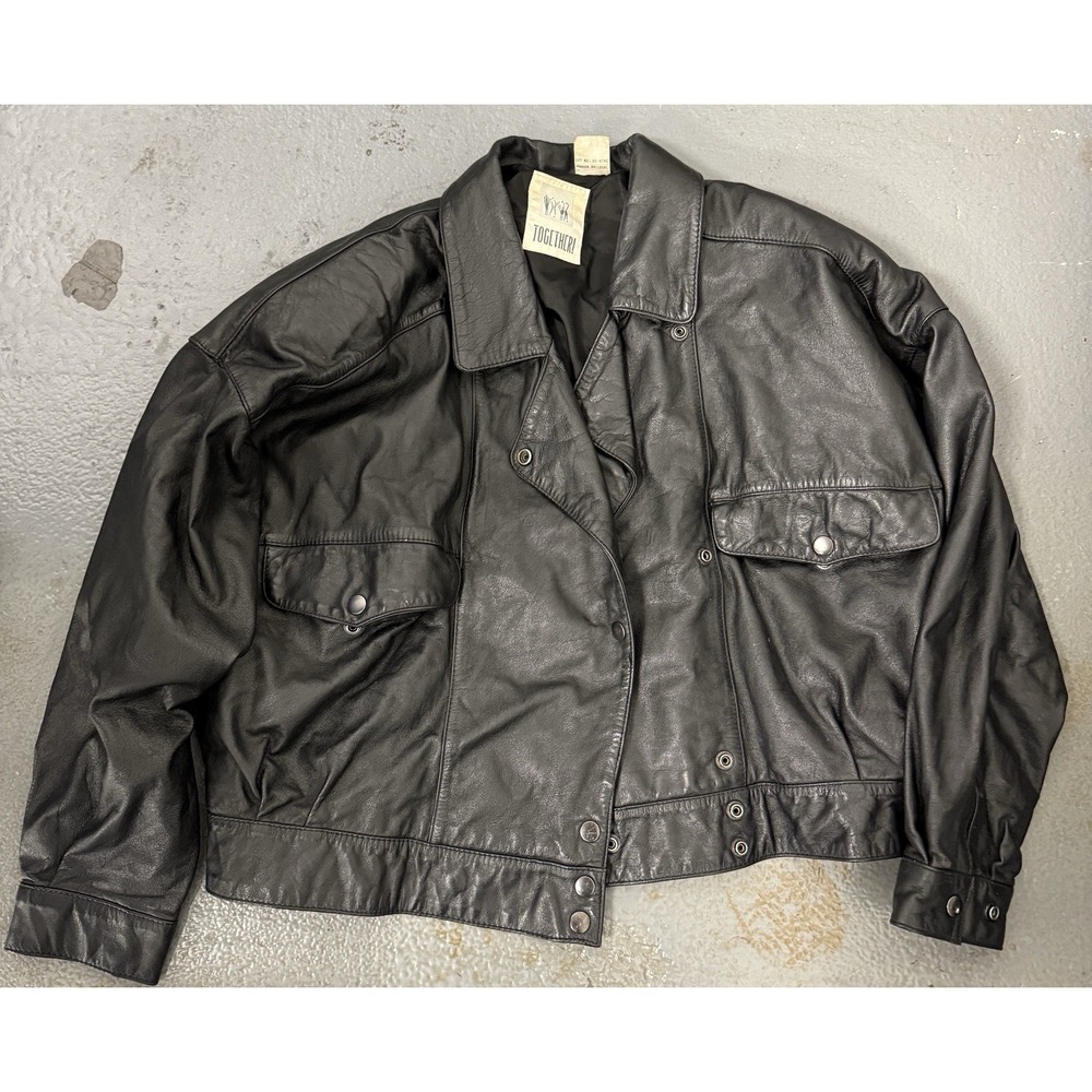Together! Women Genuine Leather 3/4 Sleeve Snap Button Jacket Black Size Large